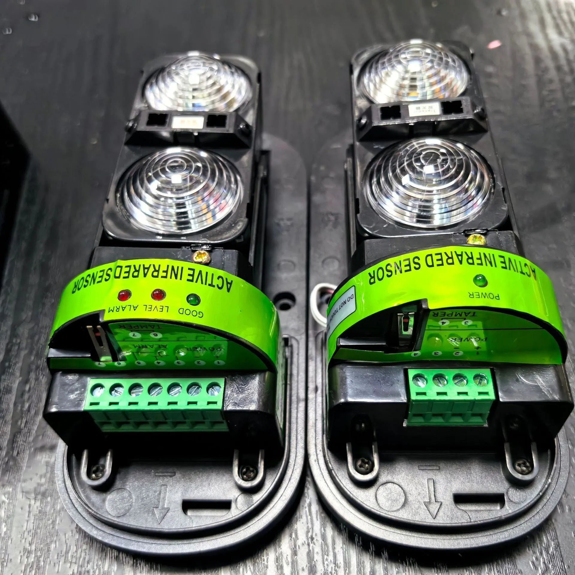 Black infrared security alarm detector with 2 beam system and wired connections
