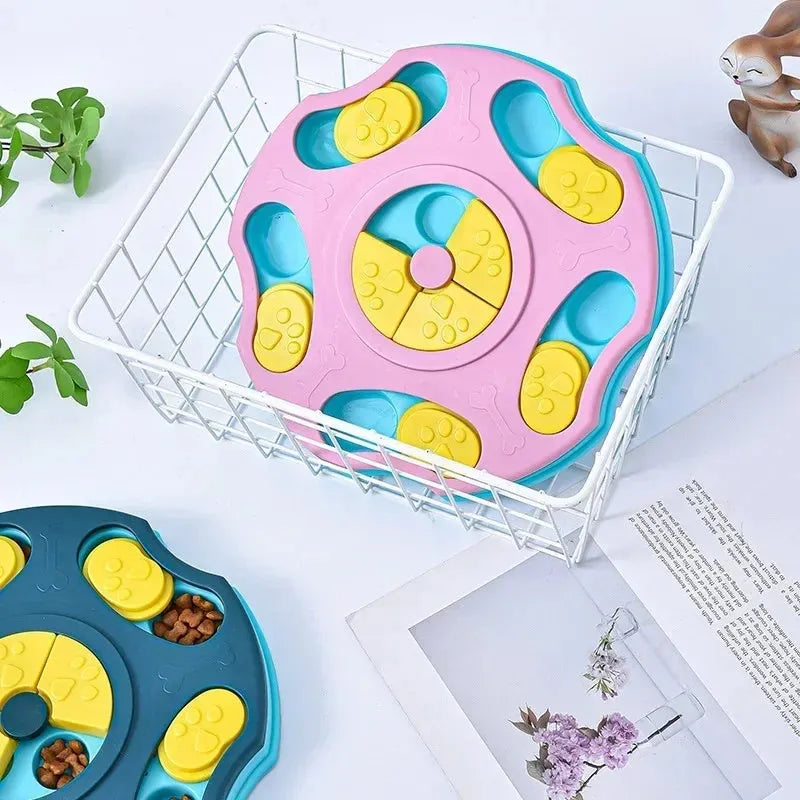 Blue durable plastic dog puzzle toy feeder with interactive food-searching compartments for slow feeding.