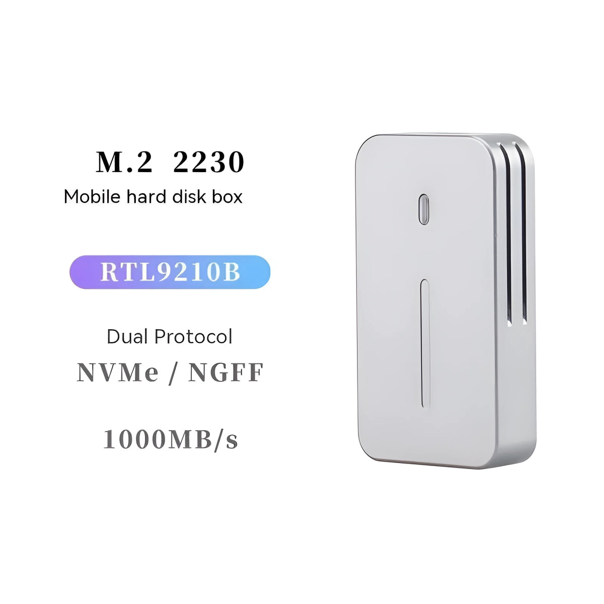 Aluminium alloy NVMe SSD enclosure with dual protocol support measuring 5.2cm by 2.8cm
