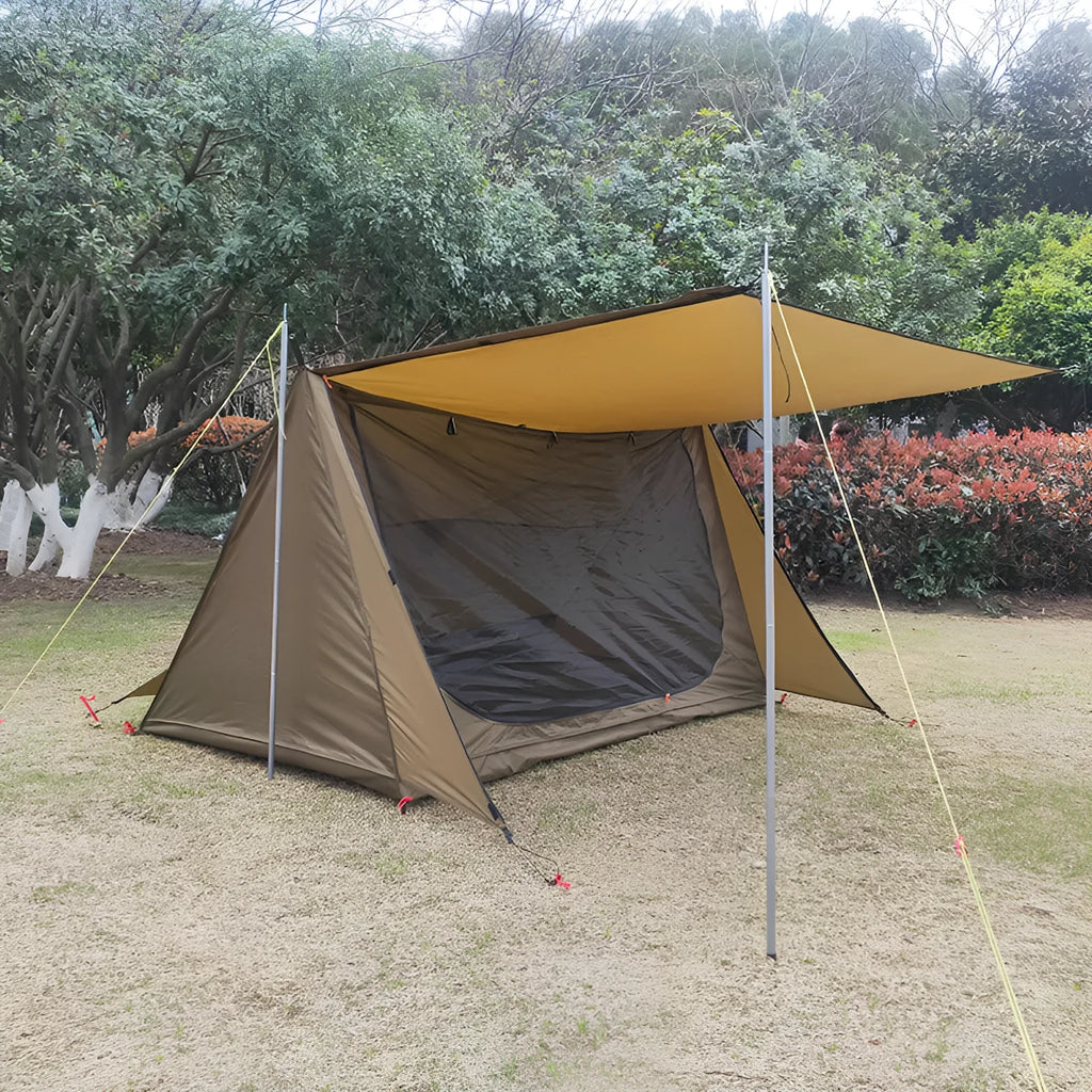 Lightweight brown shelter tent for 2-3 people with two aluminium alloy poles, nylon cover, waterproof over 3000MM, 1500g