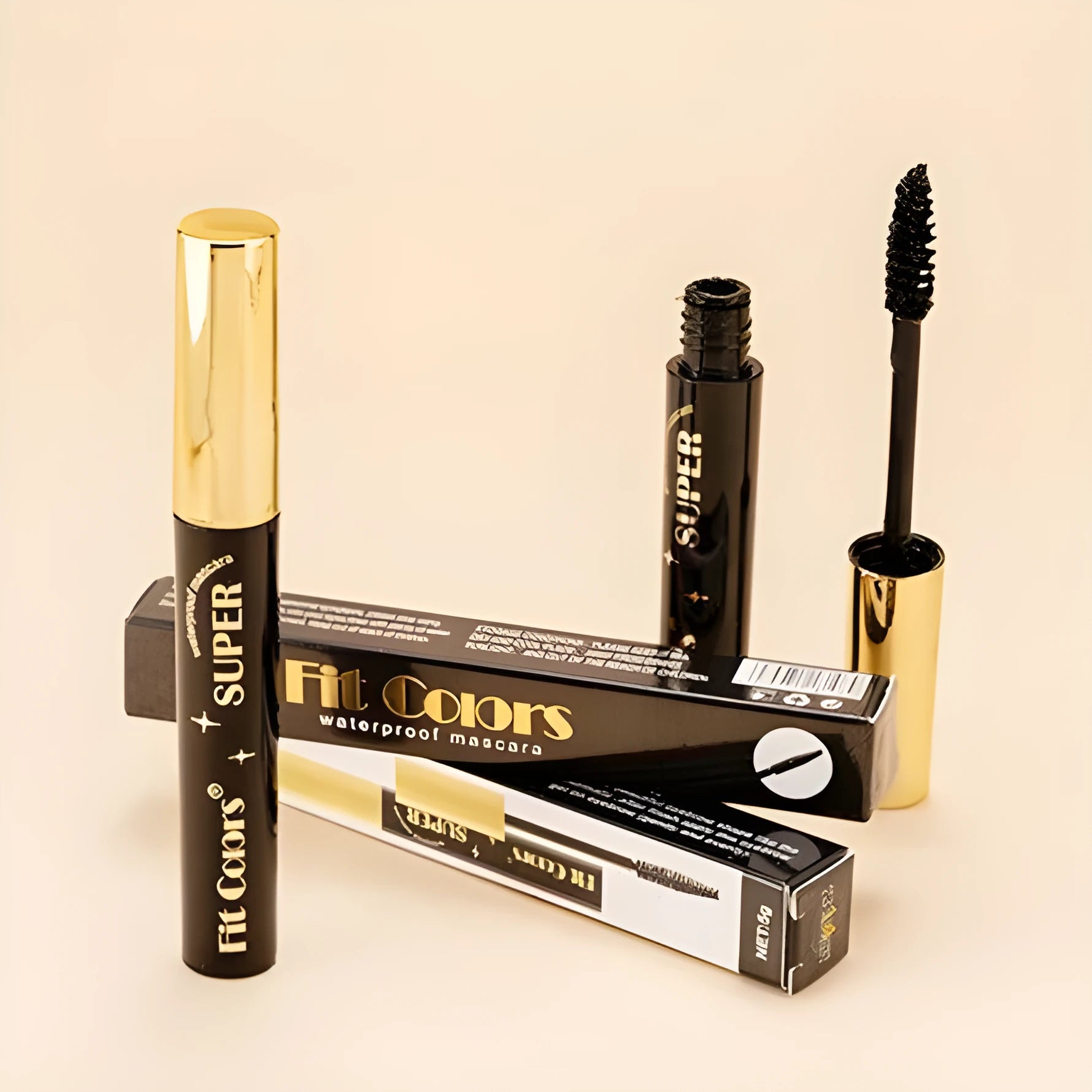 Colourful waterproof mascara tube displaying vibrant shades like wine red, gold, and mermaid green for stage and event makeup.