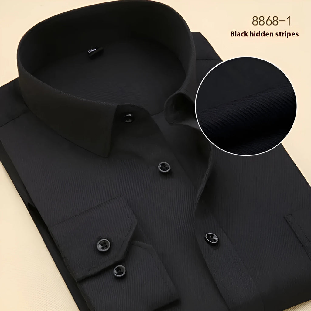 Men's black long sleeve business shirt with slim fit, shown on a hanger.