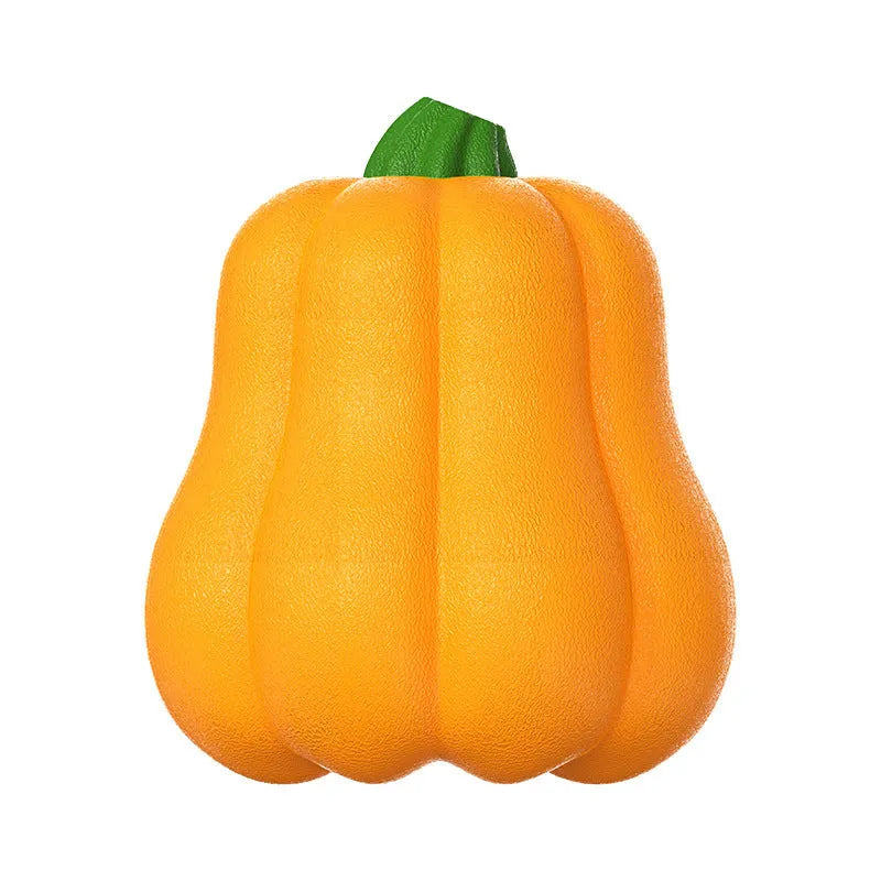 Orange plastic molar-shaped dog toy with rope attachment for chewing and fetch games