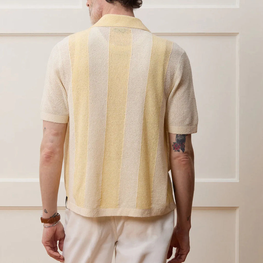 Yellow casual polo shirt with hollow-out detailing and asymmetric design, short sleeves for summer wear