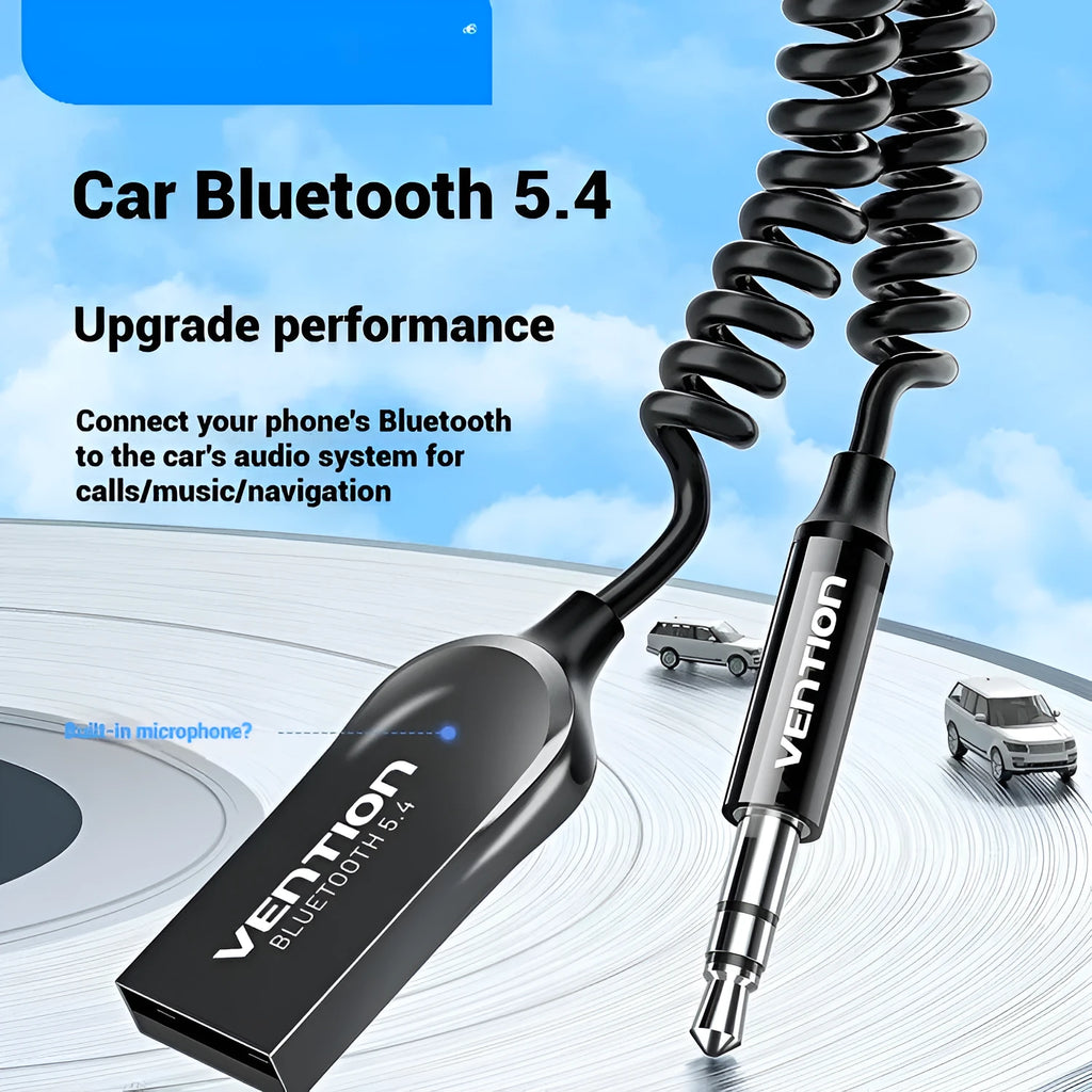 NAI USB car Bluetooth audio receiver with zinc alloy USB plug and copper 3.5mm plug, covered in black PU spring wire quilt