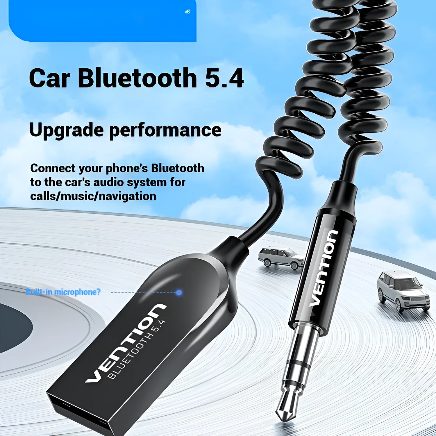 NAI USB car Bluetooth audio receiver with zinc alloy USB plug and copper 3.5mm plug, covered in black PU spring wire quilt