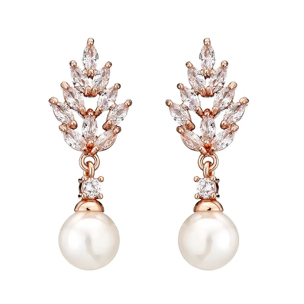Geometric pearl earrings with micro inlaid zircon and flower design in gold plating