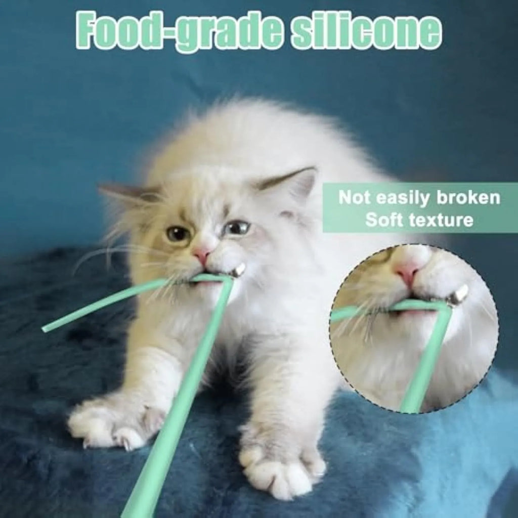 Electronic cat wand toy with multiple swinging silicone tails in green colour