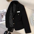Black loose-fit women's short suit coat with long sleeves and pocket details.