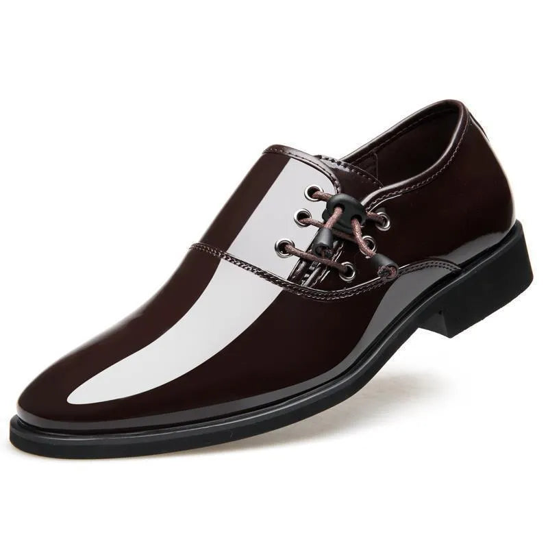 Men's black and brown formal lace-up shoes with round toe and square rubber sole.
