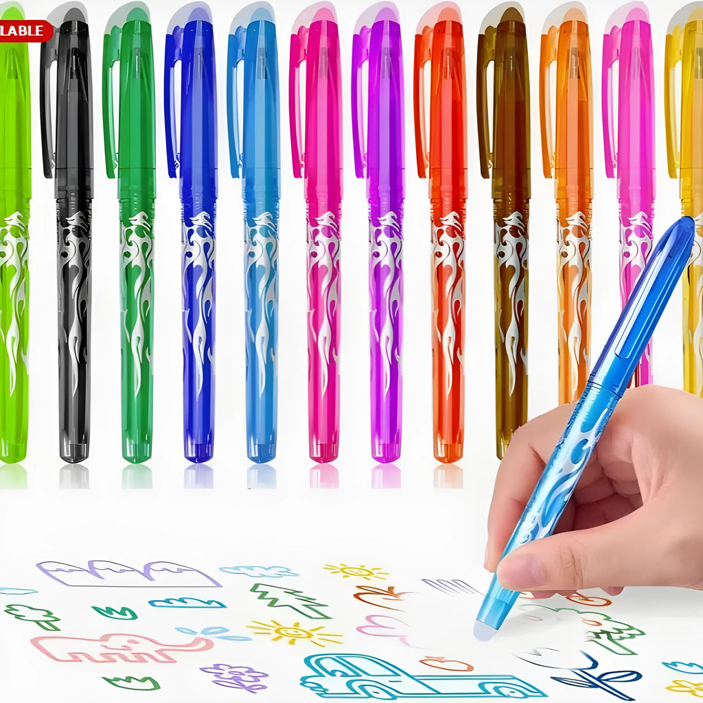 Heat-erasable gel pen set with stainless steel nib in multiple colours for office use