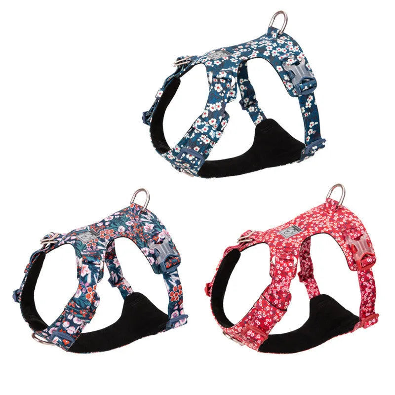Floral pattern cotton dog harness chest strap shown in red, blue and green colour options