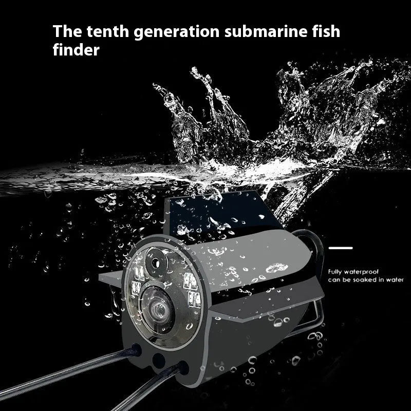Underwater fish finder camera with 4.3-inch IPS screen, wide-angle lens, and night vision lights on a fishing boat.