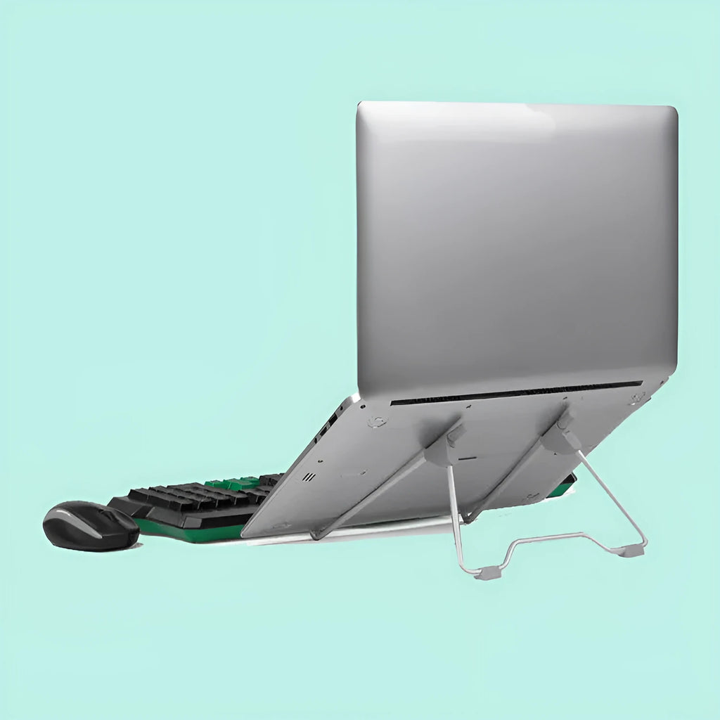 Grey aluminium alloy phone and laptop stand with adjustable viewing angles