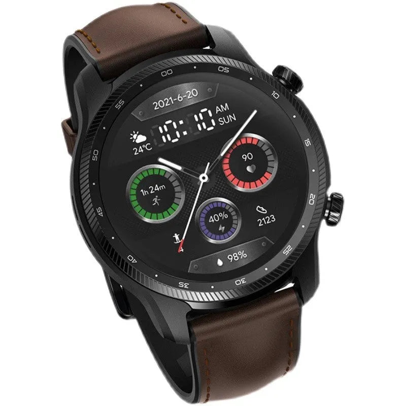 Ticwatch Pro X 47mm black smartwatch with round AMOLED display showing fitness stats.