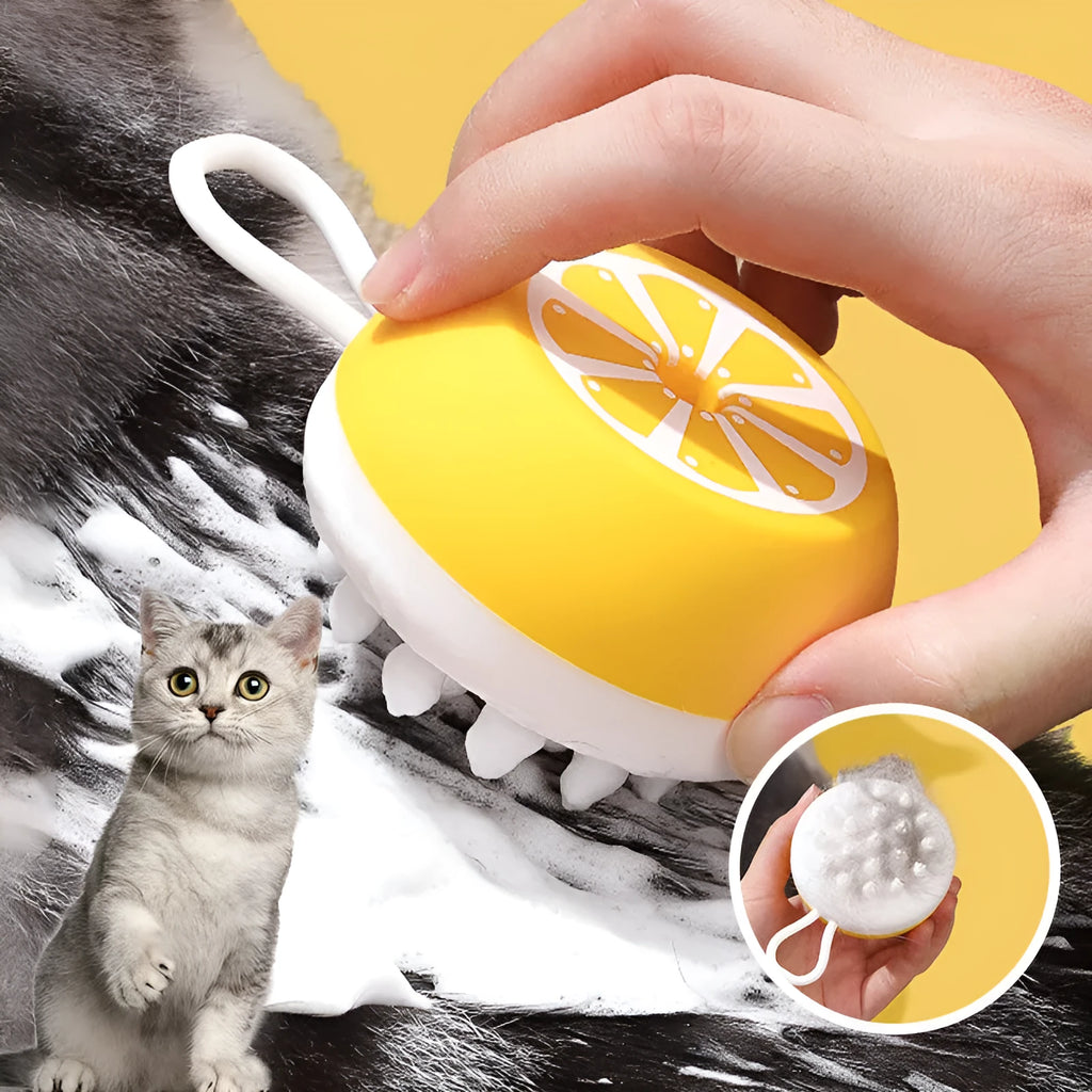 Yellow silicone pet bath brush with massage nodes and comb teeth for dog and cat grooming during washing