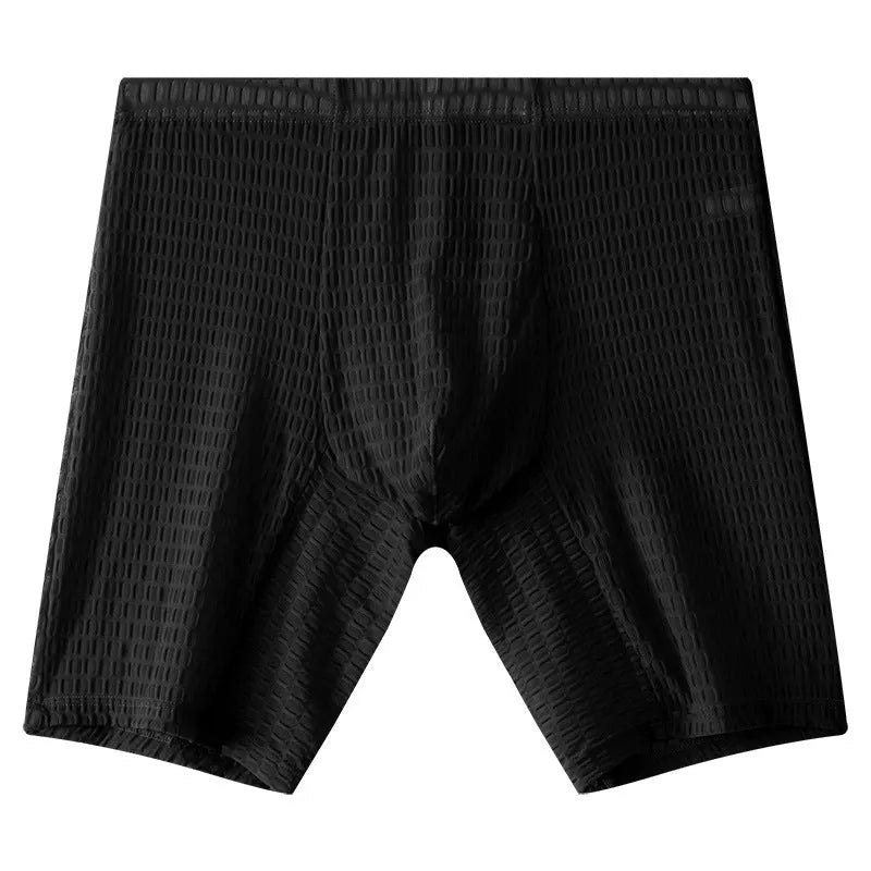 Men's lengthened lace boxer shorts in transparent nylon construction showing shaping design