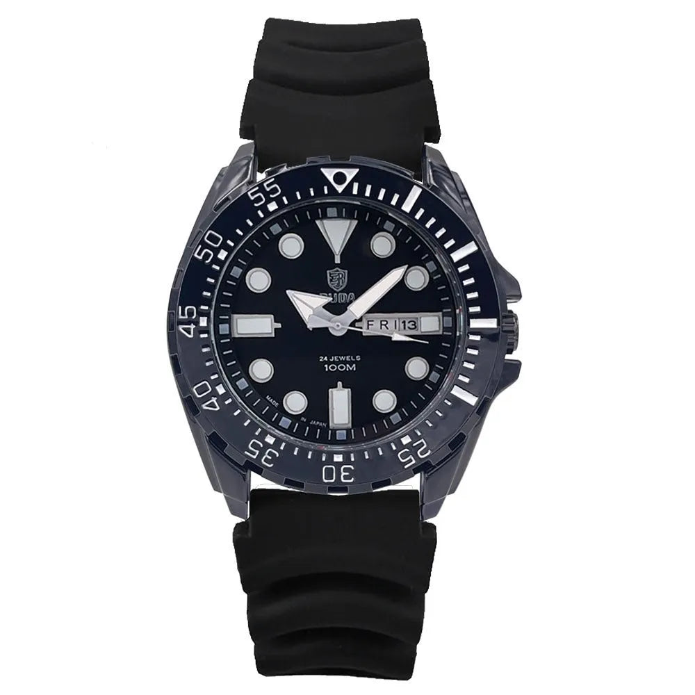 Men's waterproof luminous watch with blue dial on a steel bracelet.