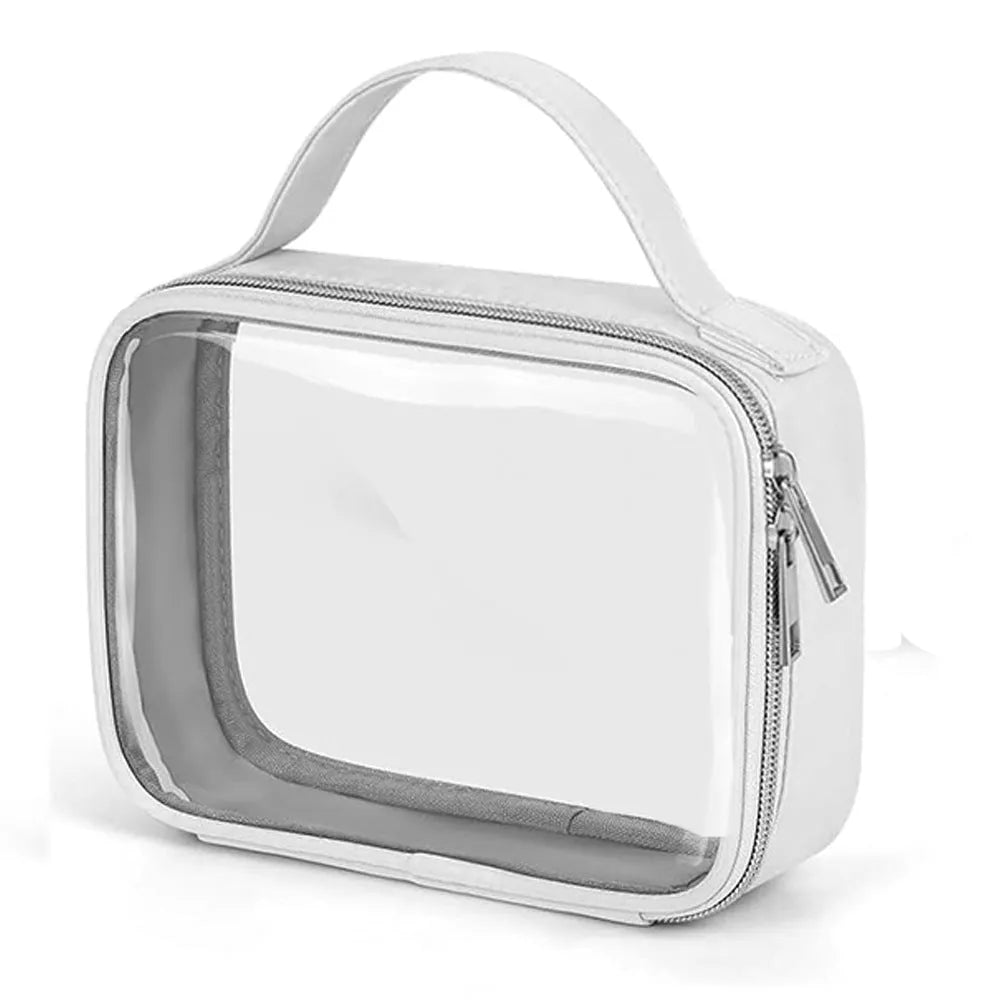 Transparent PVC wash bag with chain handle showing cosmetics inside