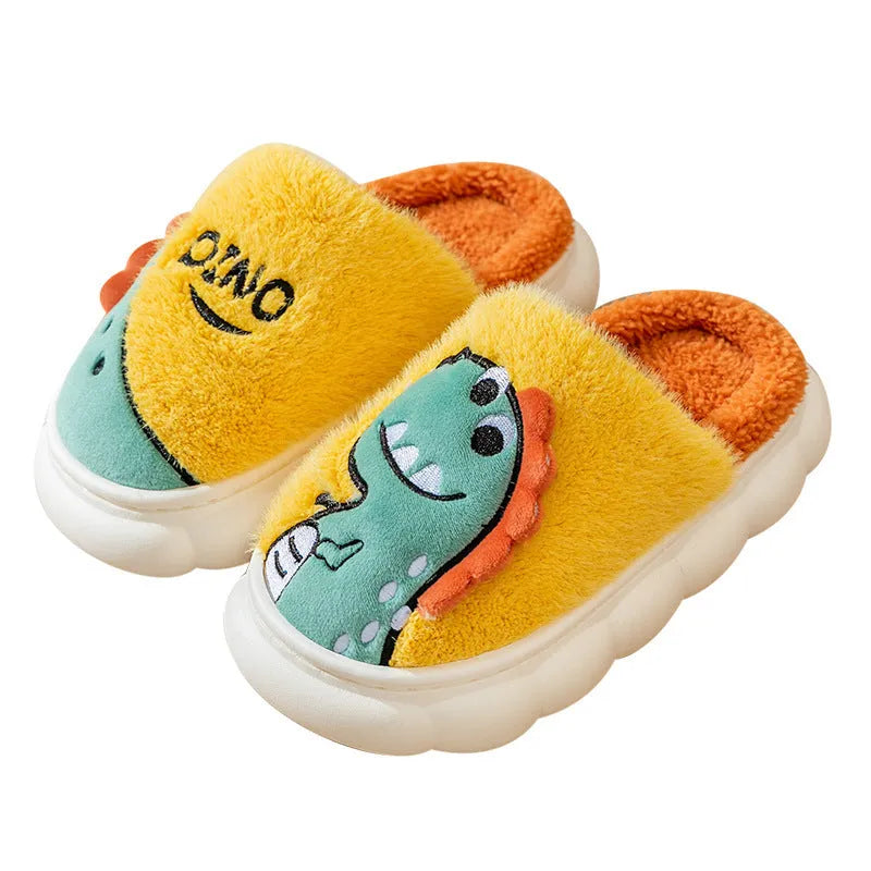 Cotton plush couple slippers with dinosaur patterns in grey, coffee, and orange colour options
