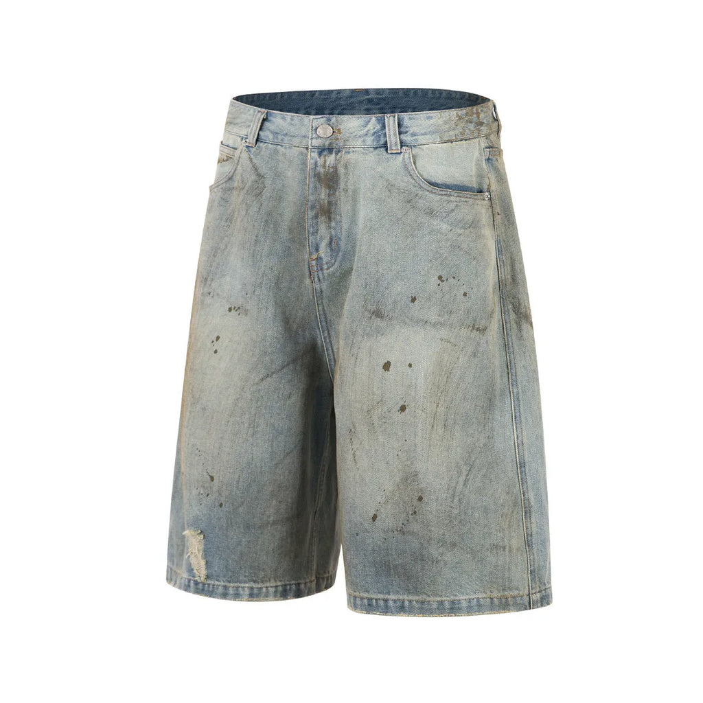 Blue cropped denim jeans with straight-leg cut and zipper fly on street fashion background