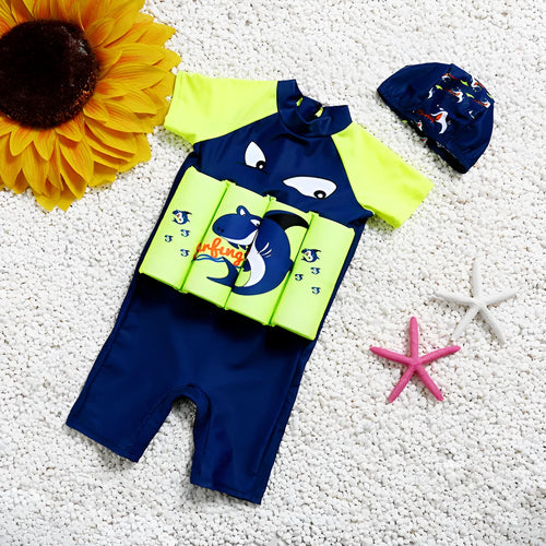 Child's unisex one-piece buoyancy swimsuit in a Korean-style plaid or cartoon print, designed for swimming pool education.