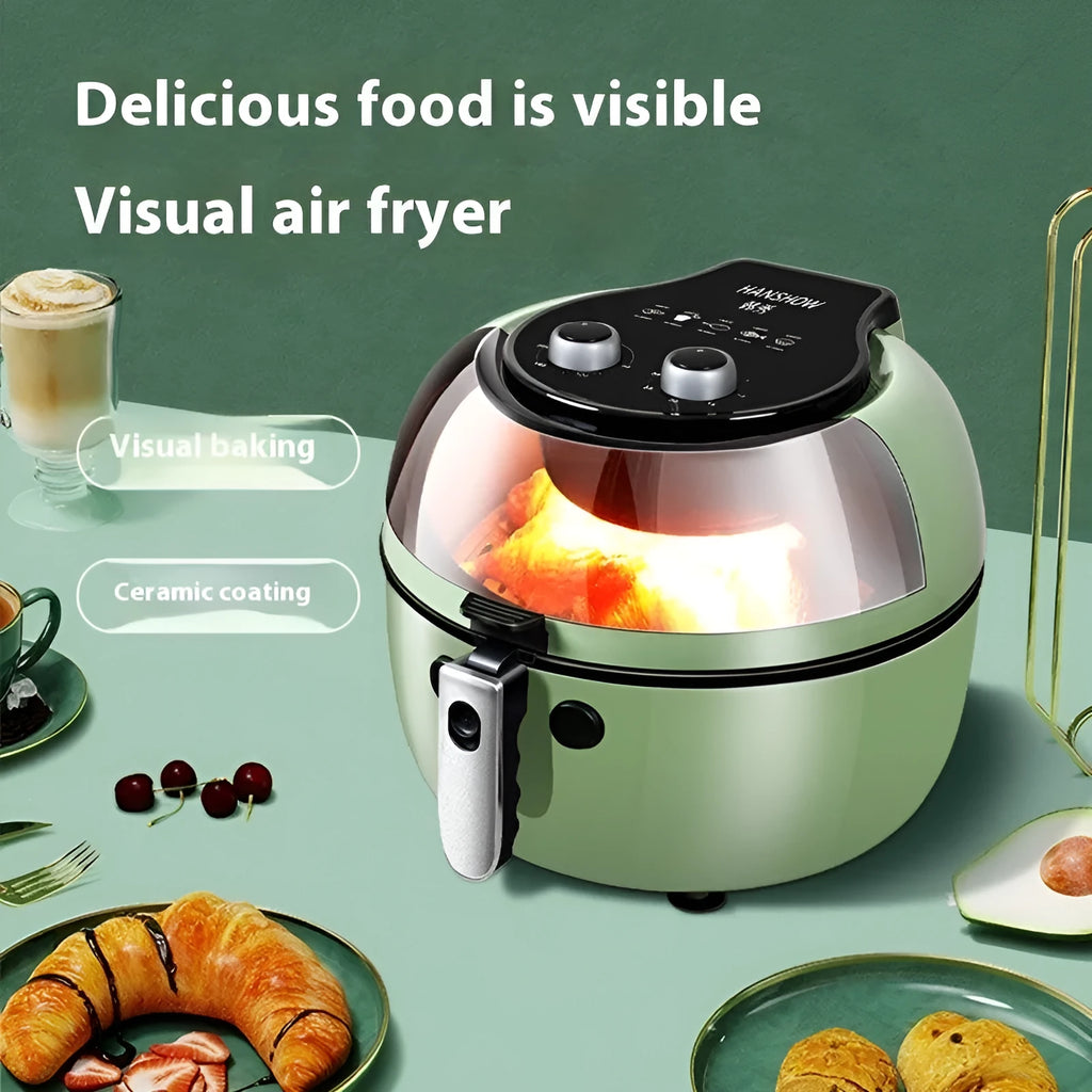 8-litre visible air fryer oven with mechanical buttons and nano-ceramic interior on a kitchen countertop.