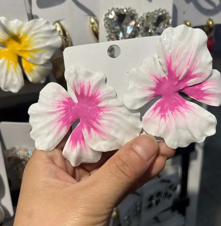 Alloy flower stud earrings with oil-spot glaze finish in blue, green, purple and rose colour options
