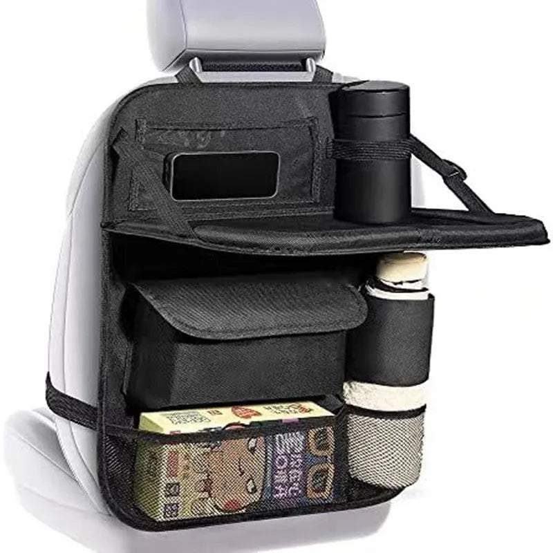 Black oxford cloth car seat back organiser bag with hanging buggy measuring 42x30cm