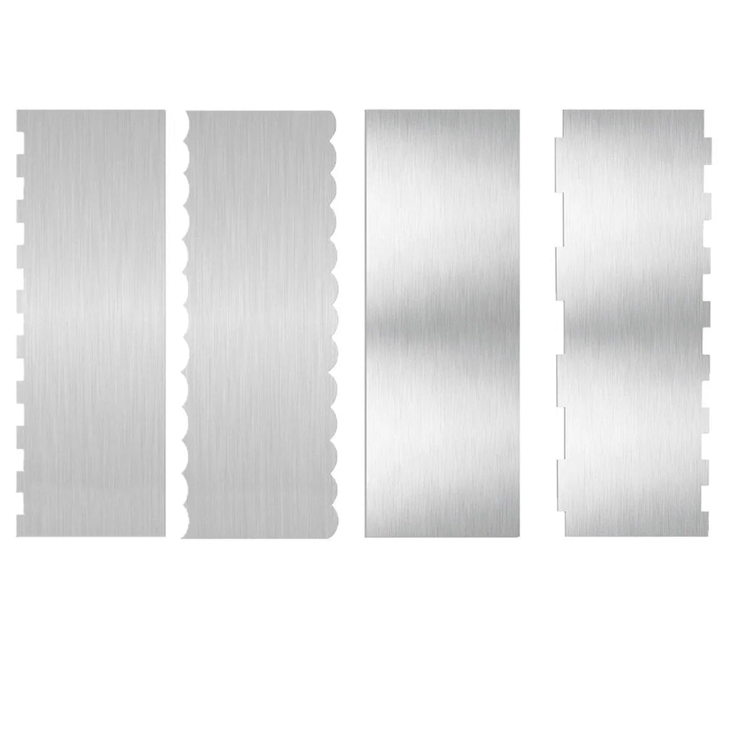 Stainless steel cake cream scraper tool with multiple polygon pattern edges for decorating.