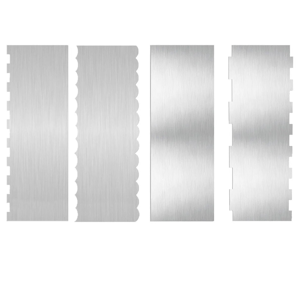 Stainless steel cake cream scraper tool with multiple polygon pattern edges for decorating.