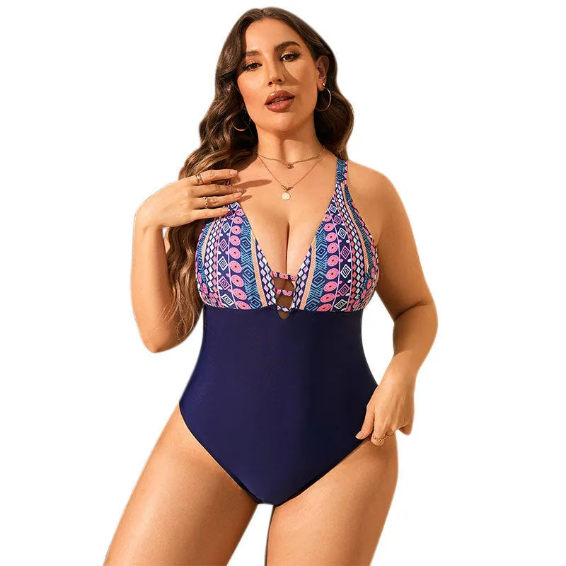 Leopard print plus size one-piece swimsuit with V-neck and belly cover design for women