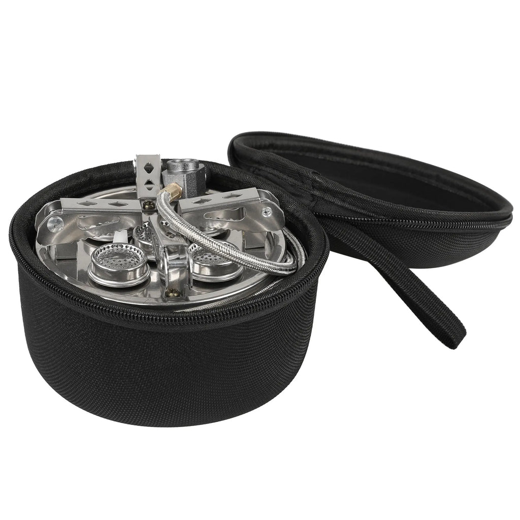 Silver portable foldable stainless steel and copper split stove for outdoor camping.