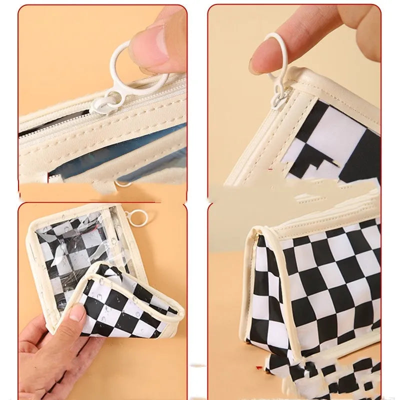 Transparent PVC pencil case with chessboard pattern showing pens inside, dimensions 21.5x8x11.5cm