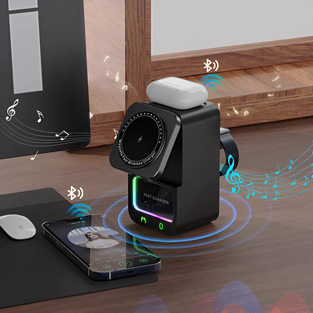 White and black Bluetooth speaker with integrated wireless charging station showing 5-in-1 functionality