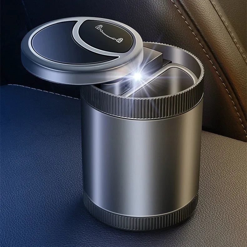 Automatic sensing vehicle mounted ashtray with USB port in Deep Sky Grey, Black, Red, or Sea Blue.