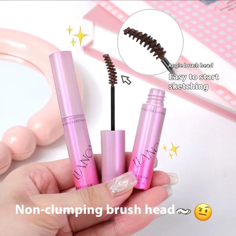 Eyebrow cream in container showing four matte shade options including milk coffee coconut palm