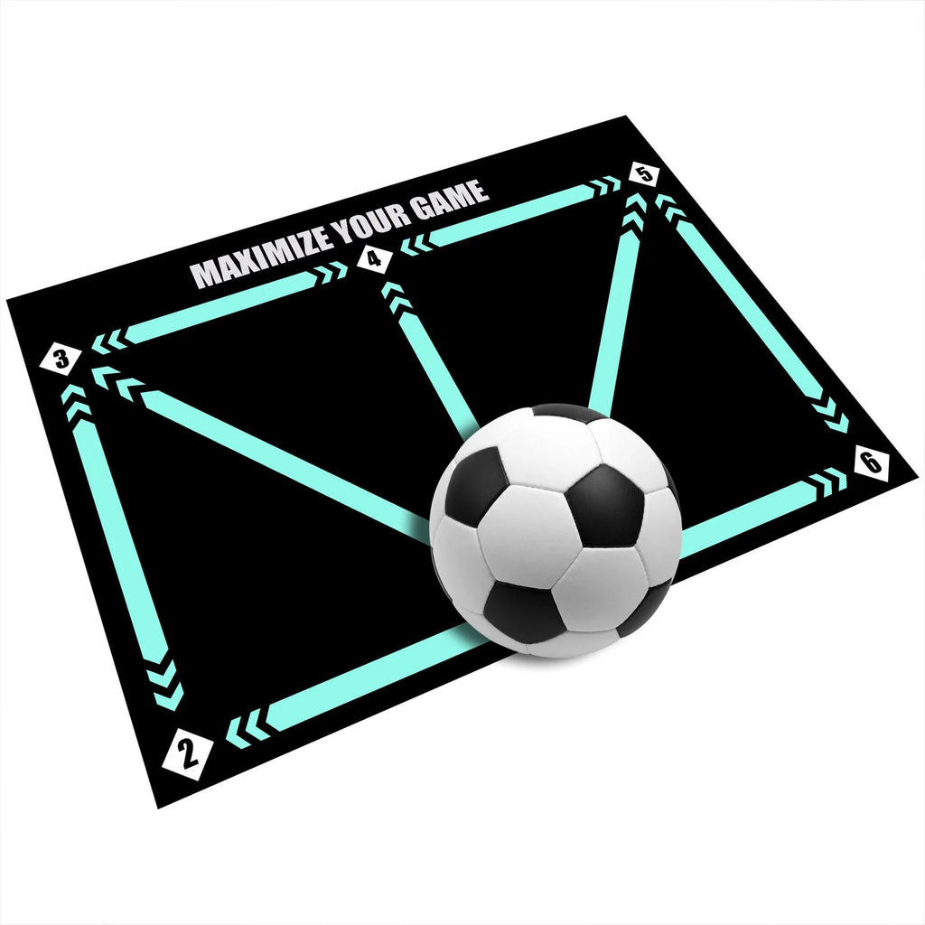 Large black rectangular rubber football training mat measuring 60x90 cm on a floor.