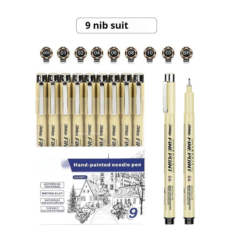 Waterproof needle pen drawing set with syringe-style design and black ink cartridge