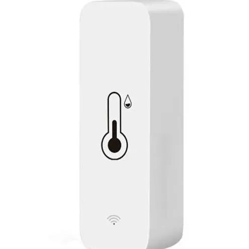 White WiFi temperature humidity sensor with compact rectangular design showing digital display