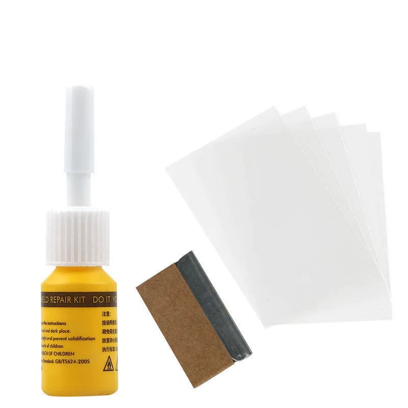 Yellow three-piece car windscreen repair kit with glass repairing liquid for crack and chip repair