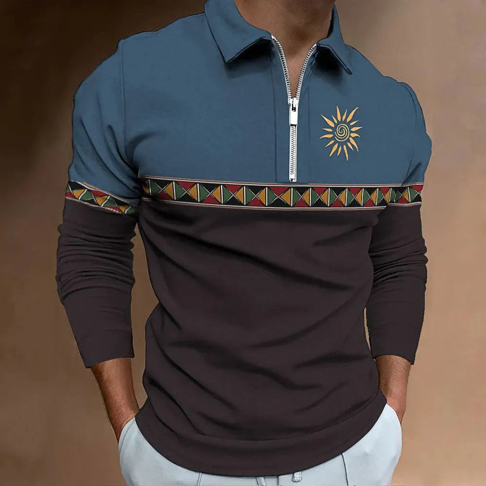 Men's loose fit long sleeve T-shirt with retro colour printing and zip details on striped fabric