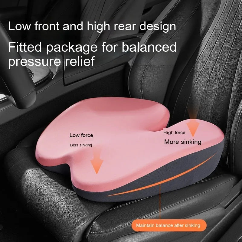 Heightening car seat cushion and lumbar support set in ink black, synthetic fibre filling, flat style, for short drivers