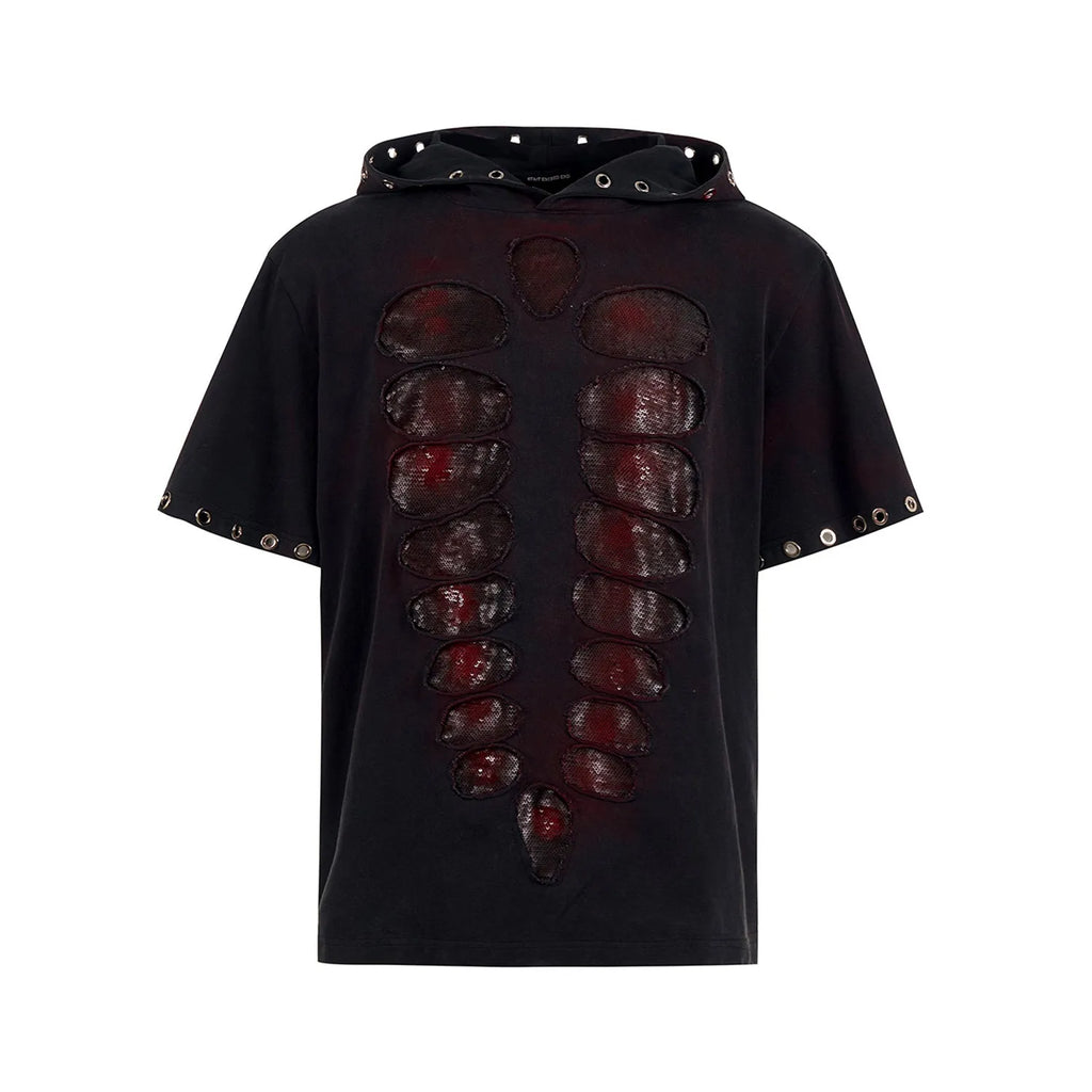 Black men's hooded short-sleeve T-shirt with sequin design, loose fit