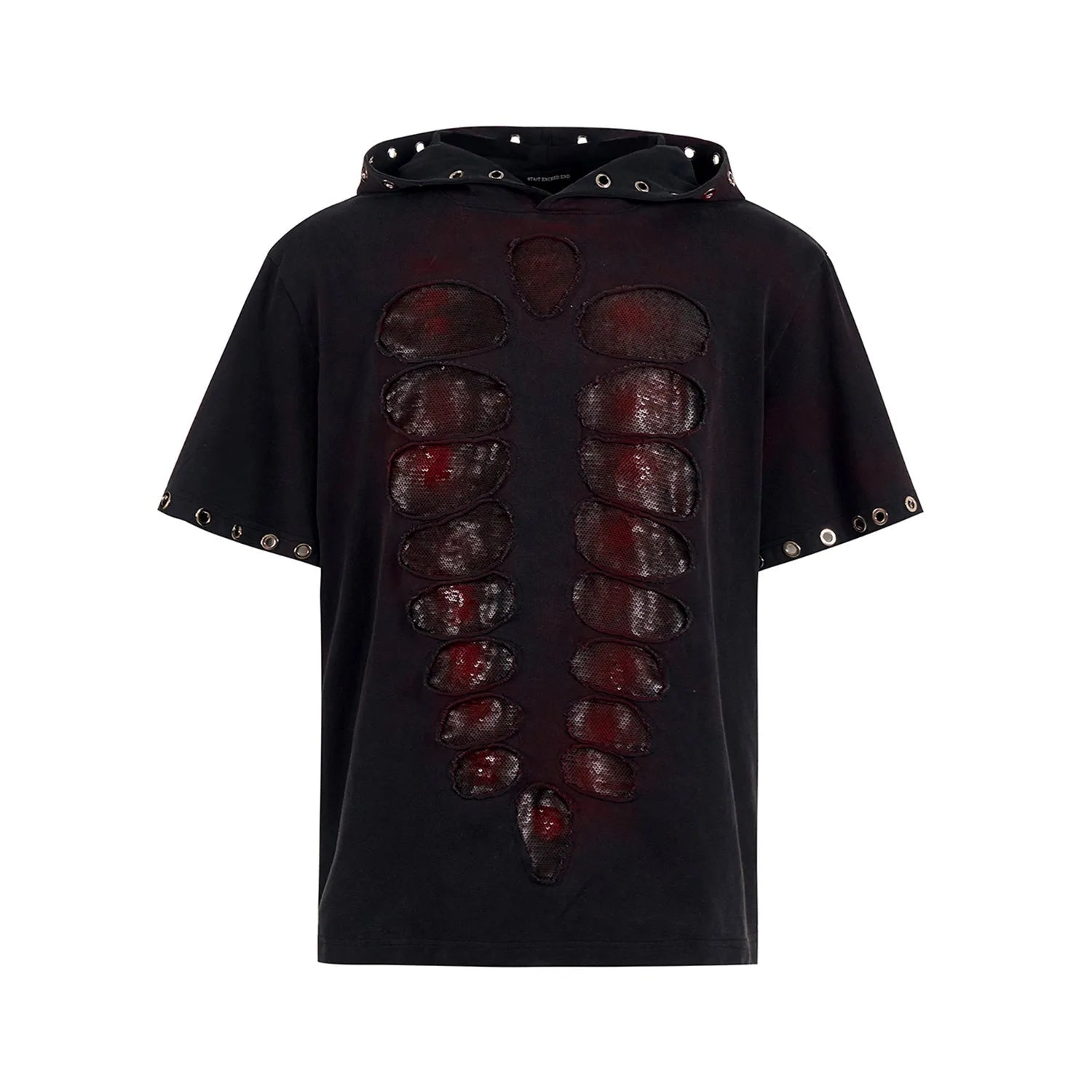 Black men's hooded short-sleeve T-shirt with sequin design, loose fit
