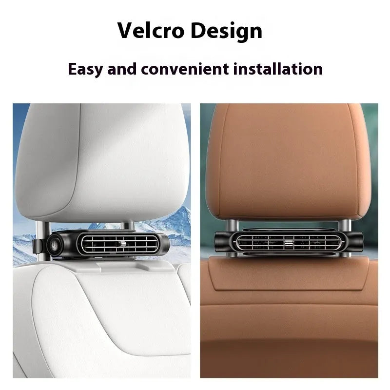 USB-powered black car seat fan with velcro strips, shown on a car seat with a connected data cable.