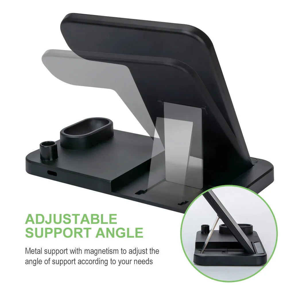 Folding 4-in-1 wireless charger in space grey, shown open as a vertical stand and closed for travel.