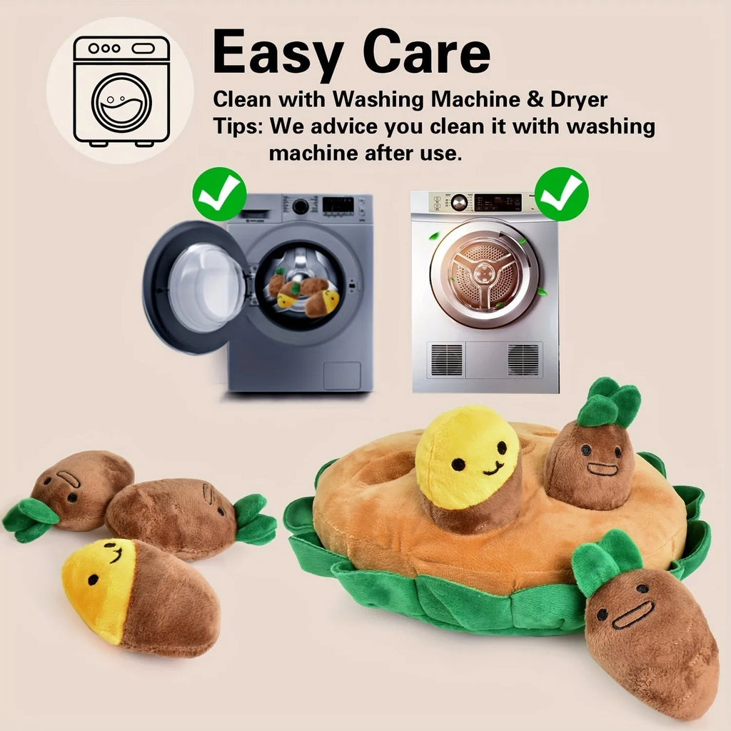 Yellow interactive dog puzzle toy with removable squeaky plush toys and slow feeder mat