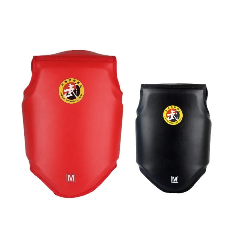 Red boxing protective gear set with helmet and chest protector for training
