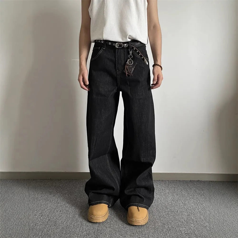 Black retro straight-leg jeans with loose wide-leg cut and zip placket